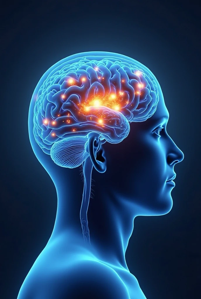 A closeup of a person's head with a brain highlighted in the middle, human brain, visible brain, anatomia cerebral, blue brain, visible circuit in the head, corpo caloso cerebral, brain connected to different colorful gears, photo - shot, stock image, side of the head, with three colored gears linked together in yellow colors, blue and red
