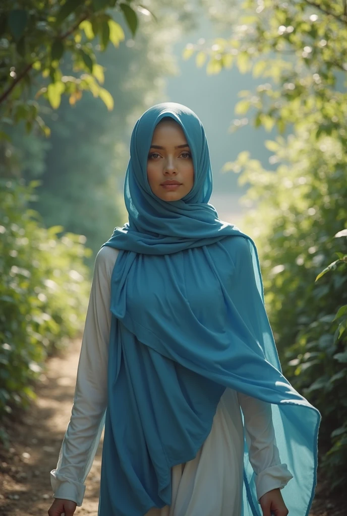 Hijab ,middle Eastern, 20 yo , in the jungle, smile, white scarf ,light blue dress 
