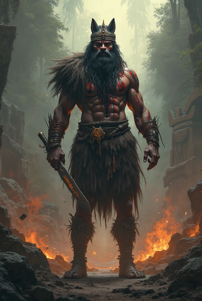 Old African Traditional Charlatan very wicked warrior very scary with several dark idols in combat in action killing men (  with multiple images of the same)