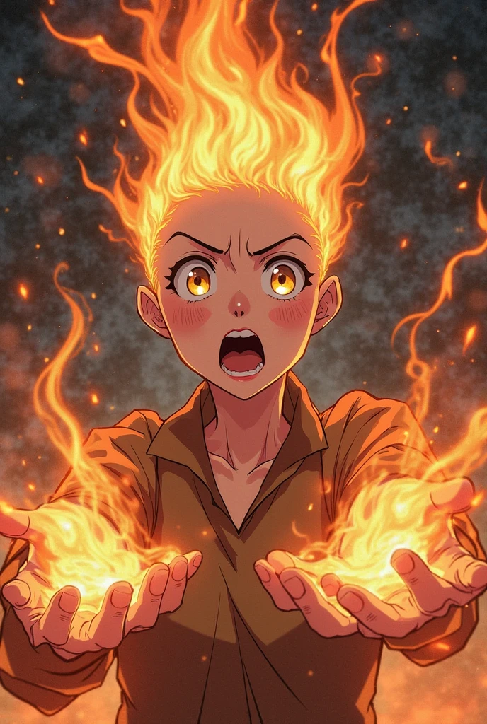 
((side view)), girl sitting on the fire against the background of fire, open mouth, 
 sitting on the flame, fire, side view girl sits in the lotus position, fiery sky, skyline, only fire, smoke,
girl in blue Half top wrestler and blue Elastic shorts look at the side, adult, [Nordic], Hourglass elongated fitness body, perfect Olive skin, Oval Face, Long neck, Rounded shoulders, perfect hand,  Attached Pointed ears, round forehead, Short blonde Waves pixie hair, snub nose, Arched eyebrows, Monolid blue Eyes, High Round Narrow cheekbones, Dimpled Cheeks, Rounded Chin, Rounded Jawline, Fine Puppet Wrinkles,  Lips, (blue eyes),  Makeup Look, long eyelashes,  third breast size,  
 graphic style of novel comics, 
2d, 8k, iMax, hyperrealism, masterpiece, high resolution, best quality, ultra-detailed, super realistic, Hyperrealistic art, high-quality, ultra high res, highest detailed, lot of details, Extremely high-resolution details, incredibly lifelike, colourful, 