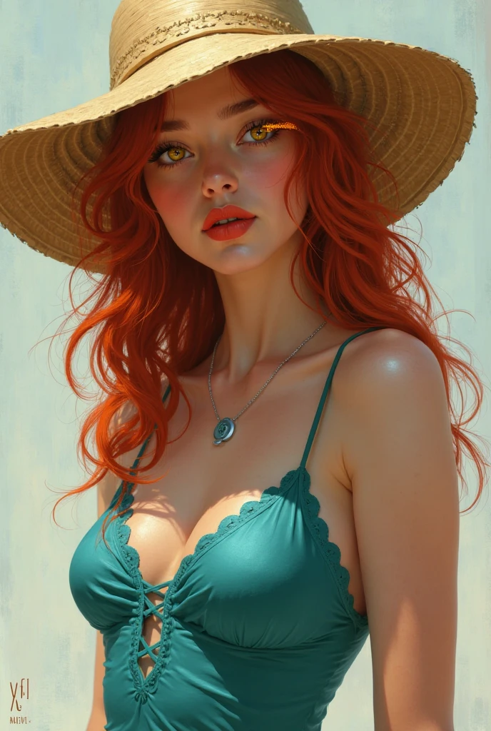 fair complexion, a woman around 25 years old, red-haired, distinctive dark blue eyes, slender and graceful, beautiful, big breasts, sunlight on a beach setting, ultra sharp focus, realistic, Dressed only in a female Slip, vibrant colors