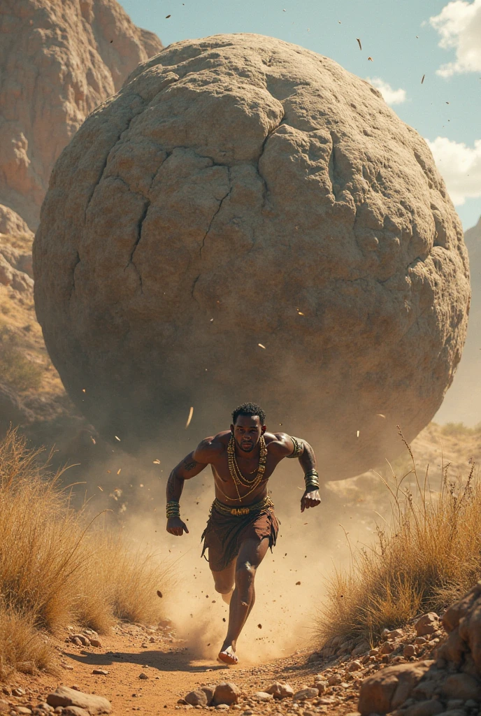 Dark-skinned man pushing a large round stone with his hands 