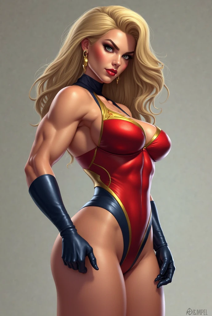 Best quality, solo mature Wonder woman, giant breasts, giant fat ass, very curvy, blonde styled hair, Mavuelous pink eyes, full lips, seductive, ribbon in hair, choker, sexy bodysuit, silver hoops, thick thighs, curvy physique dress as superhero, oiled legs, curvy,