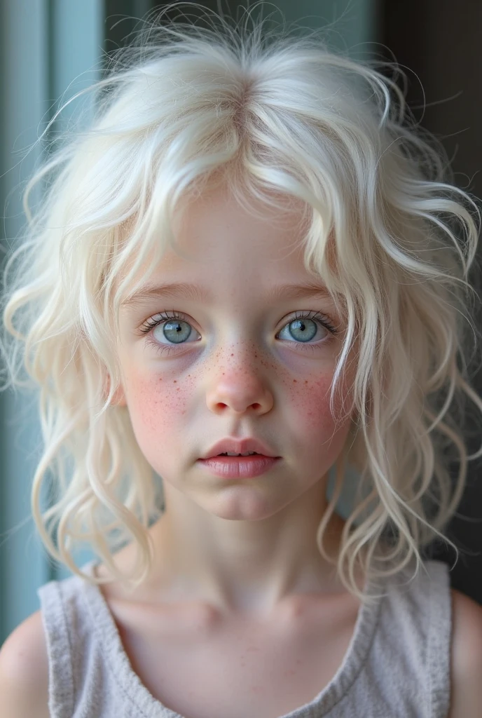 An eight year old girl, bee, white hair, short and curly, blue eyes and freckles in a swimsuit