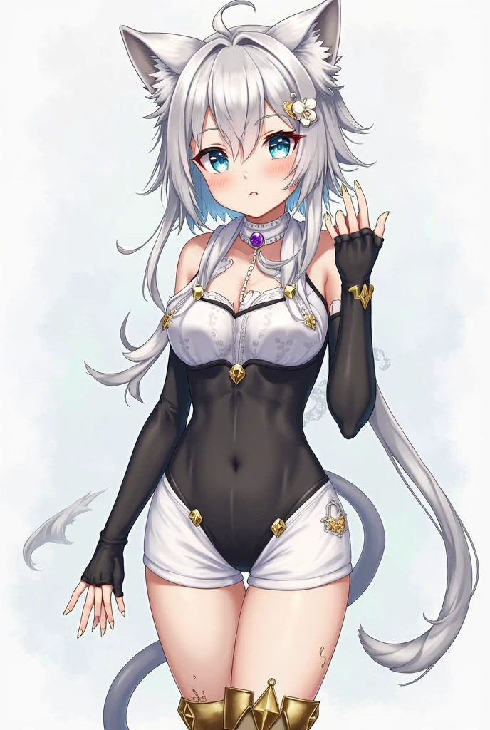 Blush, ((((White color blouse)))), white long boots, (on top of the bed), Kneeling, D-cups, White hair, ahoge, Heart-shaped pupils, blue color eyes, (((((cat ear))))), is shy,White gloves, torogao, Reflectors, Yandere, anime big breast, Chiaroscuro, Ray tracing, shadowing, hyper HD, Masterpiece, Accurate, Anatomically correct, Textured skin, Super detail, High details, High quality, Award-Awarded, Best quality, A high resolution, 16k,(There is love around you),((((Tempting)))),((Get wet,semi transparent)),no extra limbs,((a white choker)),(((Hands grab your chest,Lewdness)))
