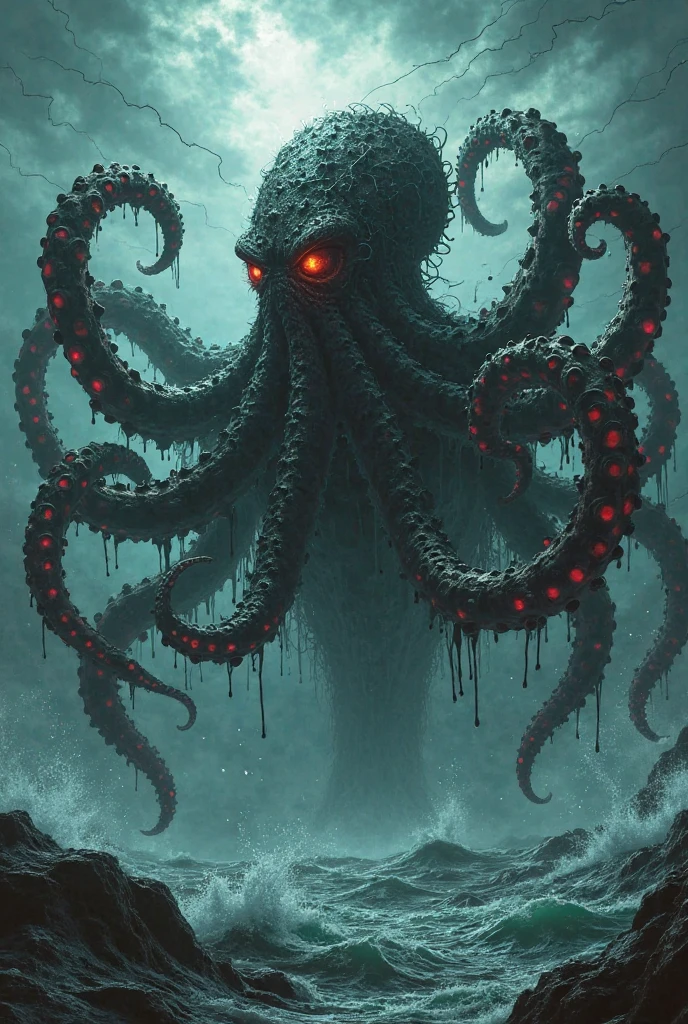 giant octopus monster，Cthulhu in the Cthulhu Mythos，glowing eyes，extremely high detail，High contrast between light and dark，4K，Unreal 5 rendering，best quality，masterpiece，Presented by Octane，ocean，look directly，extremely dangerous，The huge body is shocking，The huge body is hidden in the abyss，Only part of body exposed，Hazy smoke，Unable to see the whole body clearly，The horror of despair，The atmosphere is depressing，The spectacle is spectacular，Boat,serious