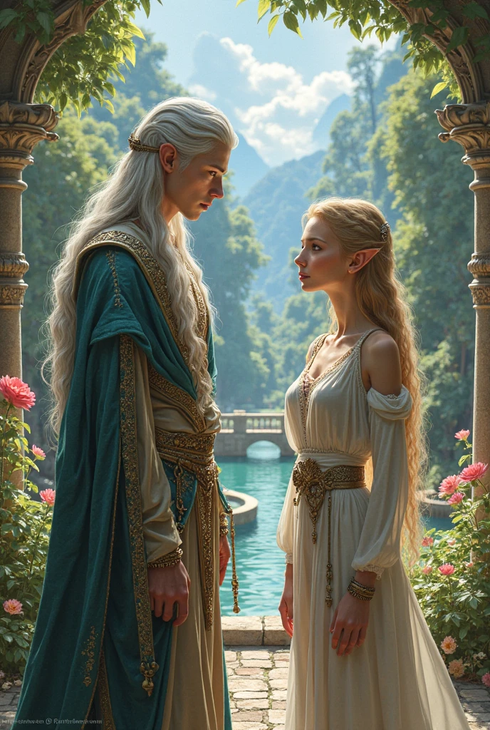 the royal hall, an elven king, tall, green-eyed, handsome, with long blond hair, wearing a white robe with green details, and wearing a delicate white crown with emerald stones, stands next to his son, an adult elven prince , tall, with blue eyes, long blond hair with some braids, wearing a green tunic with white details.