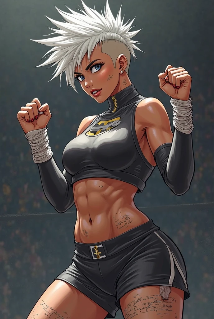 masterpiece,best quality,extreme detail,8k,<lora:mirko-12:0.8>, mirko2, 1girl, solo, breasts, looking at viewer, short hair, open mouth, large breasts, simple background, red eyes, long sleeves, white background, navel, animal ears, white hair, thighs, cowboy shot, shorts, teeth, midriff, artist name, dark skin, rabbit ears, arms up, dark-skinned female, crop top, black shirt, muscular, thick thighs, black shorts, abs, toned, sportswear, rabbit girl, muscular female, long eyelashes