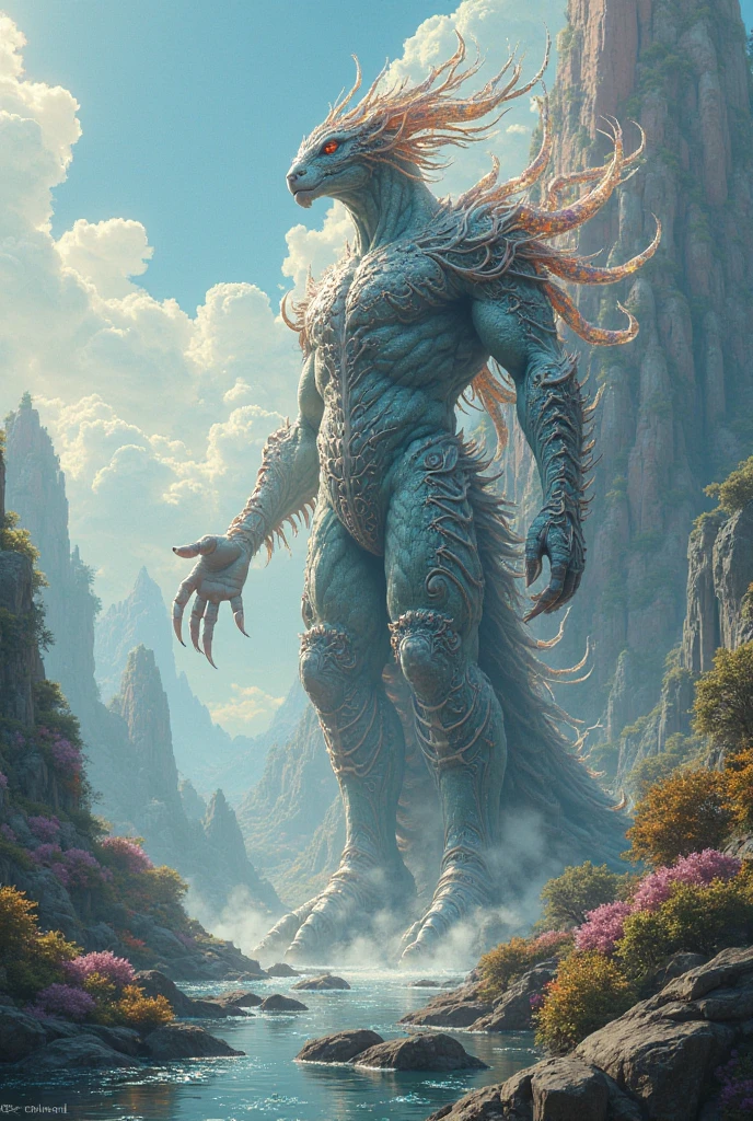 by Aaron Horkey, the majestic earth elemental emerges from the muddy ground, (((Element EARTH))), fantastical being's body composed of rich fertile soil adorned with intricate patterns resembling swirling vines and blooming flowers, extraordinary and visually striking work of art, high angle, cinematic lighting, cinematic, monster