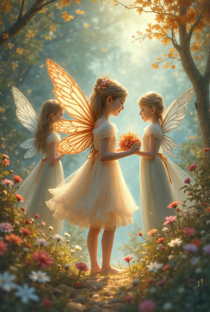Three young  fairies in collared and full sleeve gowns, their skin are not revealed 