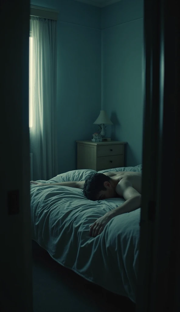 Un homme qui dort dans son lit en plein milieu, la camera est en haut du lit comme si elle etait au plafond, and the room is plunged into darkness, the glow of the moon is the only light and we can only vaguely distinguish the shapes