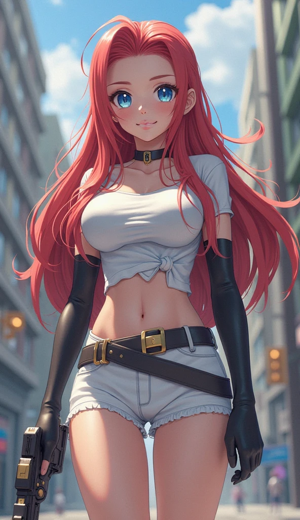 makeup makeup, high school dxd, ahoge, olhos lindos, olhos detalhados, Mulher adulta, camiseta branca grande, shorts pretos justos, White sneakers, round sunglasses, posando na foto, sorridente, muito feliz, Seios enormes!, coxa grossa, Tokyo city at night with various lights and buildings