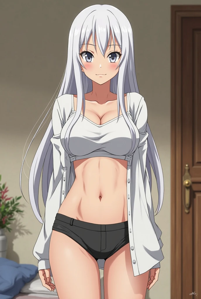 (masterpiece, best quality:1.2),illustration,8k,hd,1girl,very_long_hair,medium breasts,red_eyes,white_hair,((sleeveless)),(((bra, panties, cowboy shot))),aine, healthy skin, blushed