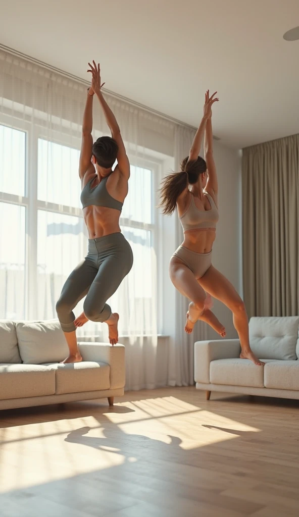 A Kodachrome photo of a medium-length haired girl with a beautiful face, wearing black lingerie and sneakers, surprising her boyfriend with unexpected strength by lifting him up above her head in an overhead lift. The boyfriend is lying facing the ceiling. The girl is wearing a black lingerie and sneakers. They are in a modern living room with a large window. The girl is standing in front of the window. The background contains a couch and a plant.