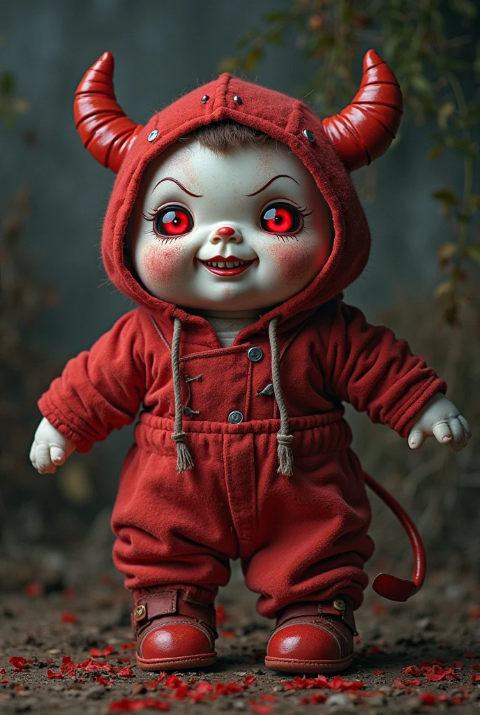 Red plush doll , Scrawny , with yellow eyes