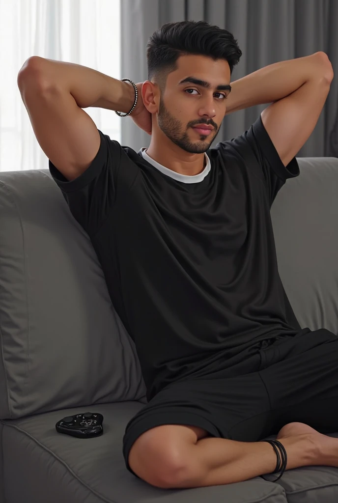 arafed man with a beard laying on a bed with a pillow, wearing gold chain, wearing a gold chain, 4 0 years old man, about 3 5 years old, wearing a chain, (38 years old), 3 6 years old, wearing a bandana and chain, taken in the early 2020s, 45 years old men