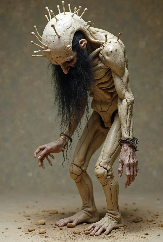 (photorealism:1.2), slim man, hunchback, eyes deviated, beard