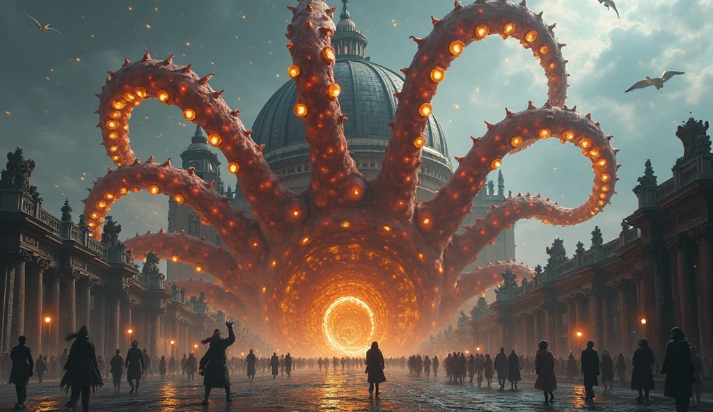 there is a giant squid that is flying over a crowd of people, in screenshot from the 300 movie, warhammer 40k style, 2 d cg, inspired by Keisai Eisen, spongebob cthulhu nightmare, by Pedro Álvarez Castelló, world war 1, world tree, full subject shown in photo, inspired by Vilmos Aba-Novák --auto --s2