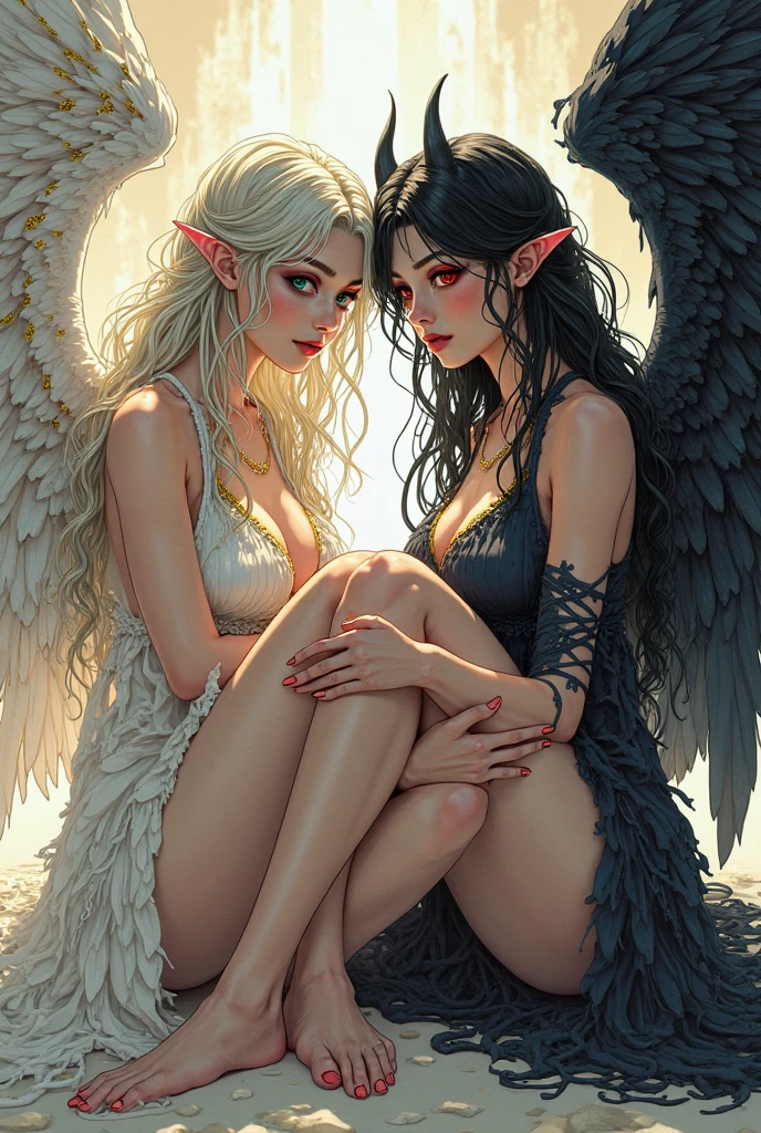 on the beach, many small full body, naked, naked woman lie on ground, small man riding white horse white looking back, white feather cloak, shield, bow, sword, female greek god, white hair, masculine, mature, naked, hairy torso, fantasy, intricate, elegant, highly detailed, digital painting, artstation, concept art, smooth, sharp focus, illustration, art by gaston bussiere and alphonse mucha, almost naked