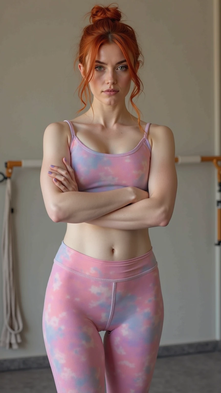 girl with pink hair , pink messy hair, 1 girl, solo, , pink top, in a locker room, pink yoga pants, voloptulous