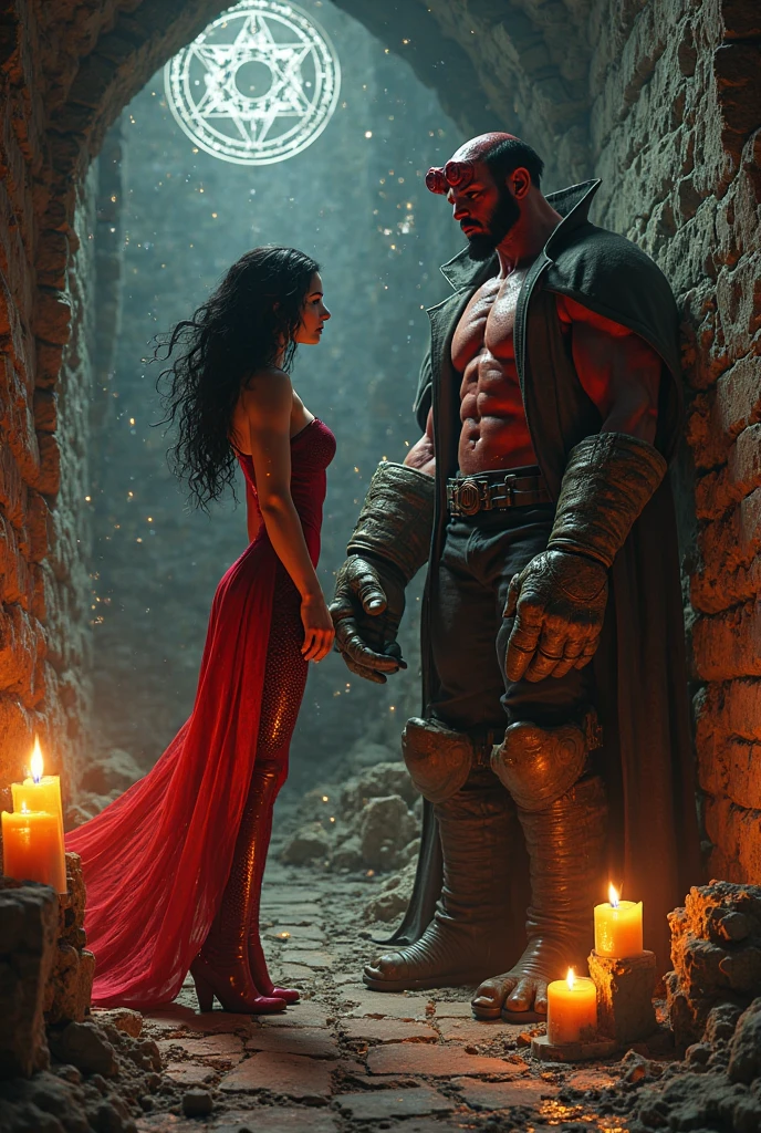 (raw photo, best quality) , (Realistic, photo-realistic: 1.4), extremely formidable overall plan, masterpiece, ultra detailed, high resolution, best illustration, best shadow, complex, depth of field, 1 woman, femme fatale, succube, she is very beautiful and sexy, she has white skin, she has long black hair, red eyes with split pupils, she has a nasty smile (sadistic smile), she has horns on her forehead, she has two large bat wings, she has a succubus tail, she wears a very light outfit, she holds a bloody sword in her hand. Next to her there are,
1 man, young man with red hair ((redhead)) ((red hair)), he has pale white skin. his eyes are red and black without any trace of white (bright red pupils and black iris) ((crazy and scary eyes)), he has a sadistic smile ((cruel and sadistic smile)) and a terrifying look, he is athletic, his body and arms are covered with tattoos of criminals (tattoos), he is wearing a red sleeveless coat ((manteau rouge sans manches)) and black trousers and black boots, he holds in each hand the handle of a sharp blade, he holds two in each hand, both blades are identical (Short-bladed swords) ((Blade realistic), to which are attached to their pomo a large chain (metal chain), the two blades are attached to a chain, it can control its chains as he wishes, he uses a telekinesis power on his chains to be able to throw them and change their trajectory as he wants, there is blood on his blades and on his hands (blood), the man has no wings, Both characters kiss passionately on the mouth ((passionate kiss lover)) (lips against lips), around them there are several bloody corpses, and ruins destroyed,