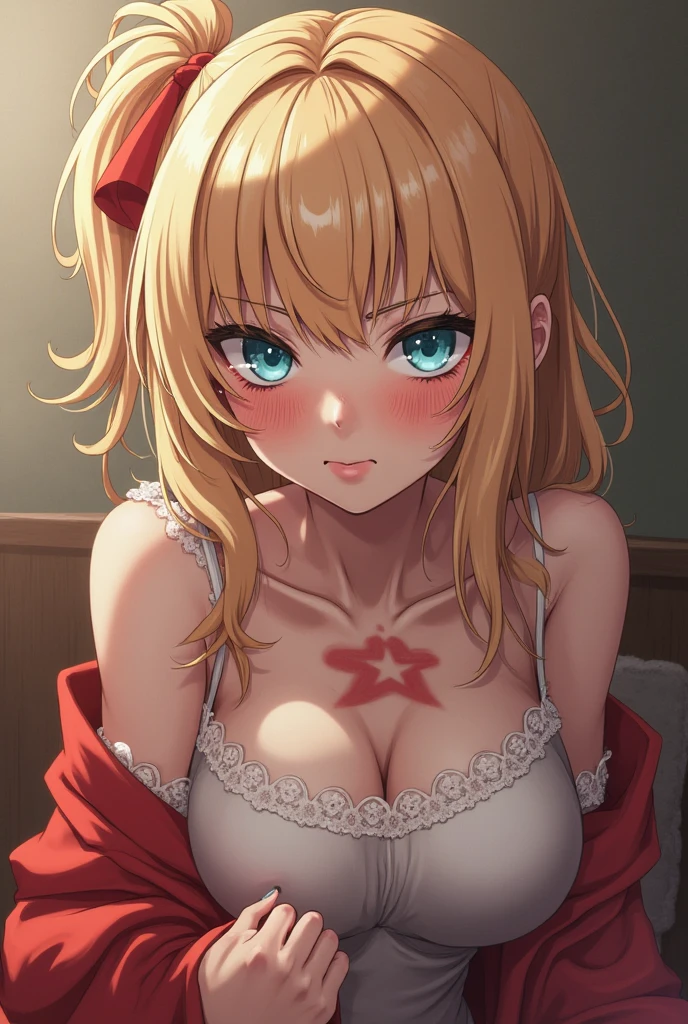 (masterpiece, best quality), Marin Kitagawa, beautiful girl, blonde hair, choker, ear piercing, earrings, long hair, piercing, (red eyes:1.5), straight hair, swept bangs, adult, bed, big chest