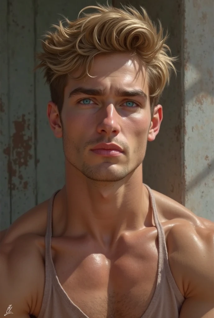Create my ideal type: man with a not so exaggerated abdomen, blond, light-eyed, aesthetic hair, 1, nice nose, slightly long, medium-blond hair, no tattoos, with a child's face