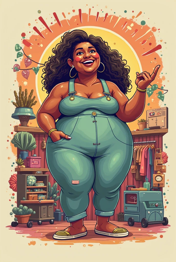 confident plus-size woman, gorda, obese, Immense, gigant ass, drooling over food wearing a vibrant and colorful outfit. She must be in a setting with sweets and processed foods in the background., creating a playful atmosphere. Use detailed lighting to highlight your curves and expression. Combine anime and comic book style for the best art quality