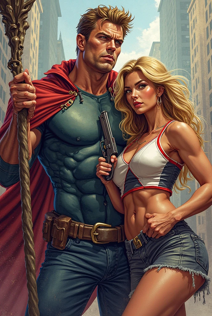 A muscular rebellious and wild black male werewolf monster (afro) bald and bearded man side by side with a beautiful exuberant and perfect young white woman, blonde haired ariana, very long detective, Policerman, investigator in uniform and armed traveling through a forest at night running courageously together facing the shadow monsters in an incredible hunt against the dangerous monster Wendigo