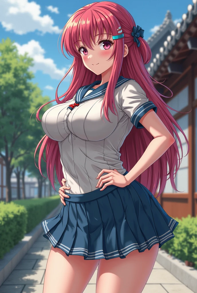 Without skirt、White underwear、In underwear、Panties in full view、White panties、Blue Stripes々Large bra 1, 1girl, asahina mikuru, long hair, kita high , solo, short sleeves, red ribbon, large breasts, cowboy shot, waving, outdoors, leaning forward,Underwear in full view