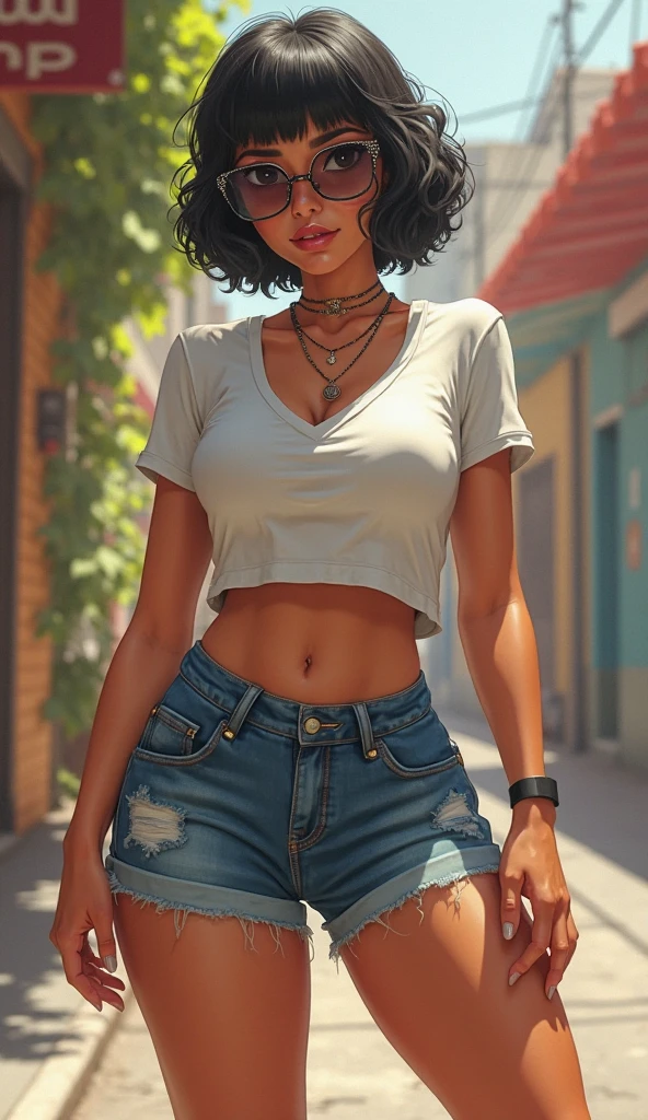 (masterpiece), best quality, expressive eyes, perfect face, front lighting, (farm background), (walking), (seductive look), (cleavage view), (1girl, Nami, 18 years old, grey-blue hair, grey-blue hair, grey-blue hair, BREAK, short hair with hairband, bob hairstyle, brown eyes, hourglass figure, dark skin, tanned skin, tan, skinny body, thin body, medium breasts, wide hips, thick thighs, sholder tattoo, chest tattoo, collarbone tattoo), BREAK, (yellow v-neck shirt, yellow v-neck shirt, yellow v-neck shirt, sleeveless, croptop, exposed cleavage, BREAK, shorts), 