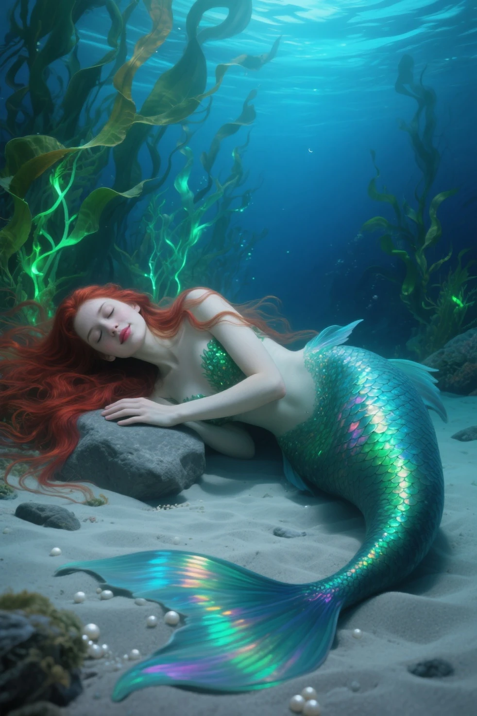 (old color photo) of 4r13ll3 with a mermaid tail,red hair, underwater, analog style, modelshoot style, 35mm, vignette, intricate detail, film grain, portra,<lora:4r13ll3NEU(0,8-1)CIVIT:0.4:MIDD>