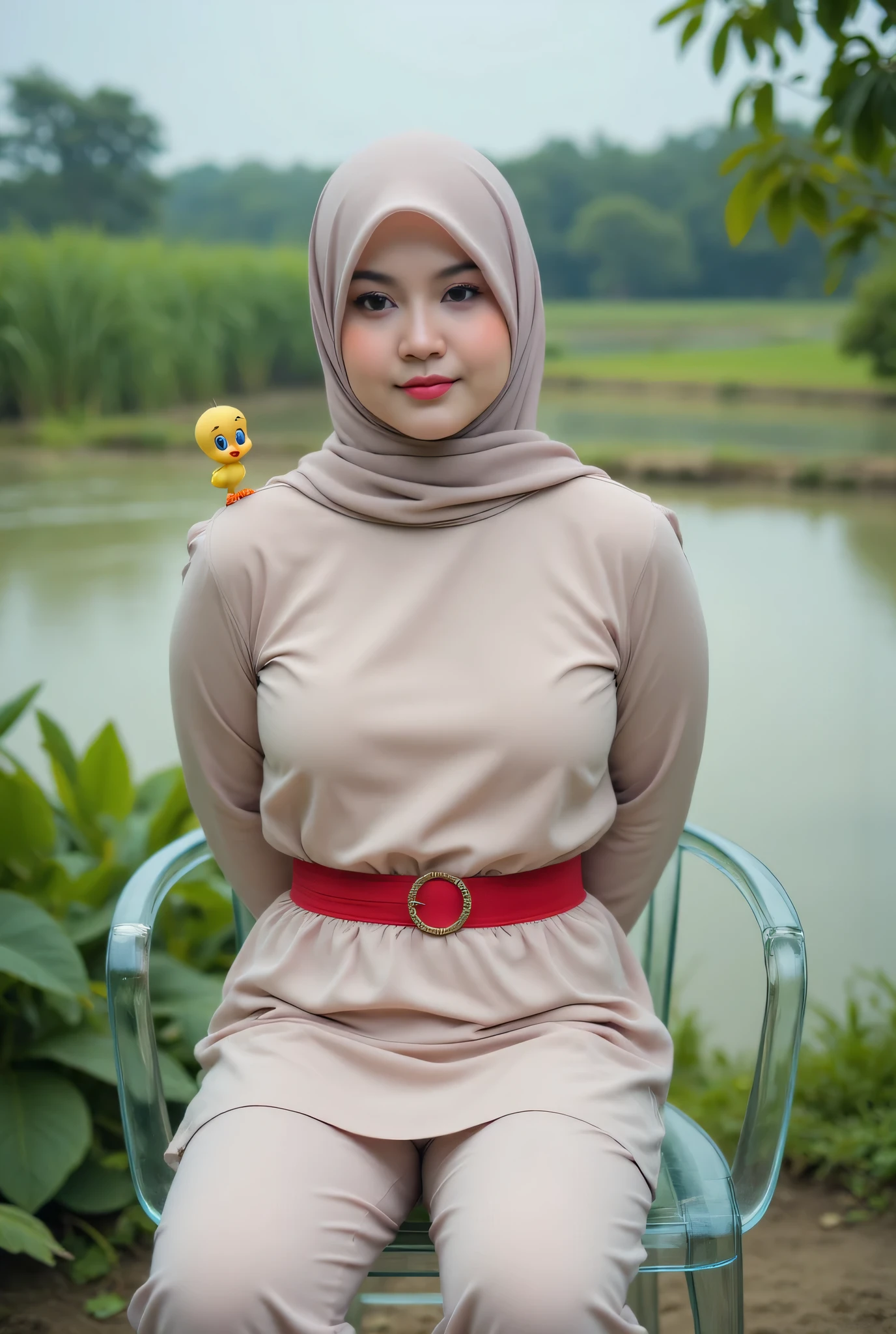 Small, (Shree Sexy Red plain Garter Belt) closed my center, Flat chest, hijab hijab hijab  hijab, (photorealistic:1.6), background rice paddy. daytime atmosphere, don't put any rope! flat chest!, duduk di atas kerusi kaca, hands behind back spread the while legs astride,  view from  front, (Singlet plain), Tweety bird on the left shoulder