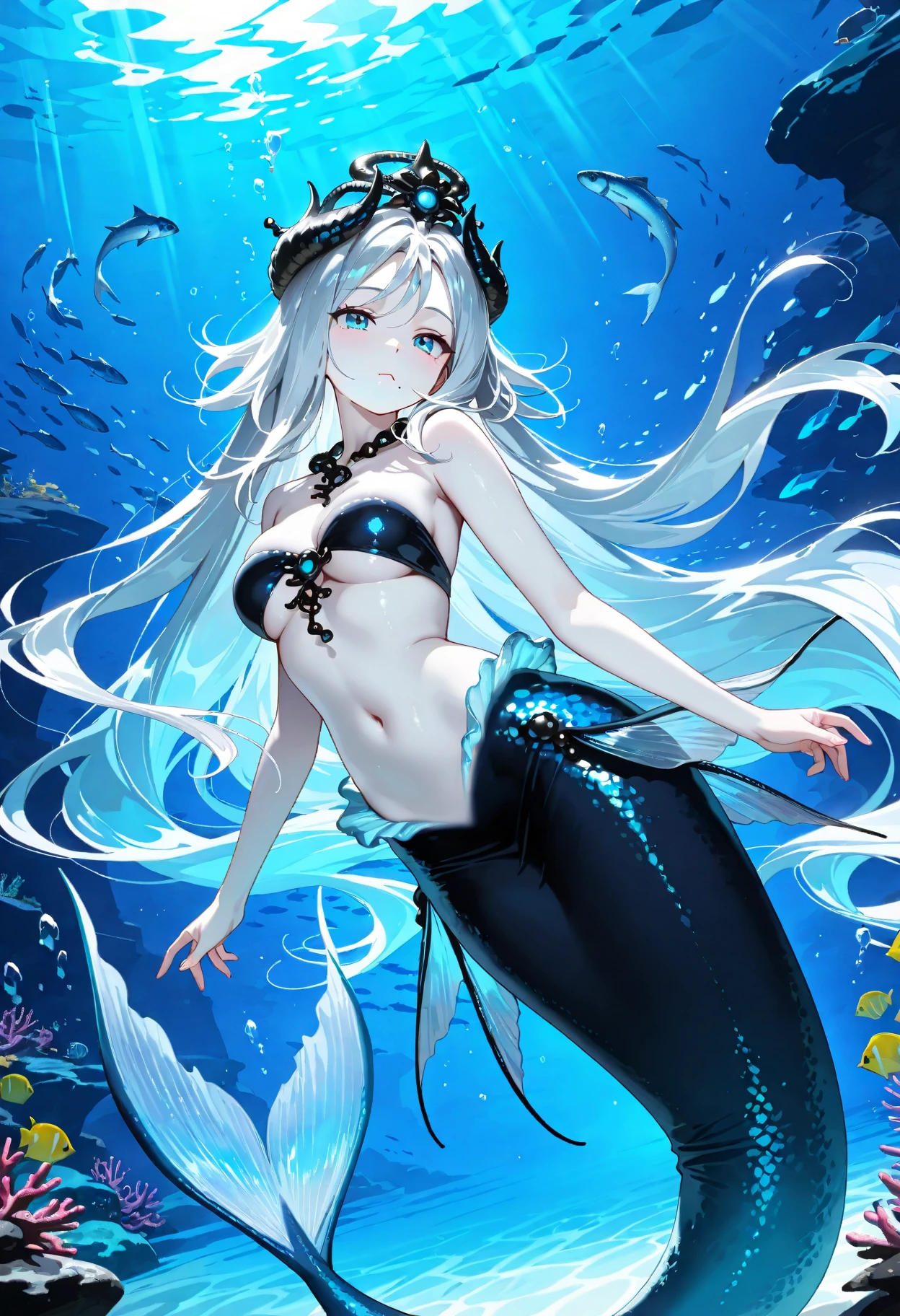 (Masterpiece, Top Quality, Best Quality, Official Art, Beauty and Aesthetics: 1.2), (Full Body, Medium) Mermaid, Dreamy, Ethereal, Romantic, White Hair, Silver Hair, Underwater, Air Bubbles, Vivid and Beautiful Lighting --v 6