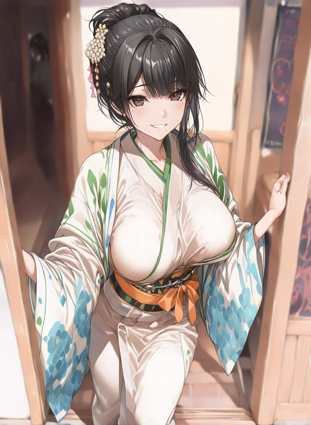 (score_9,score_8_up,score_7_up,score_6_up),masterpiece,best quality, source anime, rating_explicit, (((masterpiece))), (((best quality))), ((ultra-detailed)), ((illustration)), (1girl), (beautiful Japanese woman), (long black hair), (brown eyes), (simple background), (wearing traditional kimono), (detailed face), (perfect anatomy), (detailed light and shadow), (lighting forward), (serene expression), (minimalist style),(cleavage:1.2),((shy smile:1.1), (eyeshadow:0.8), digital coloring