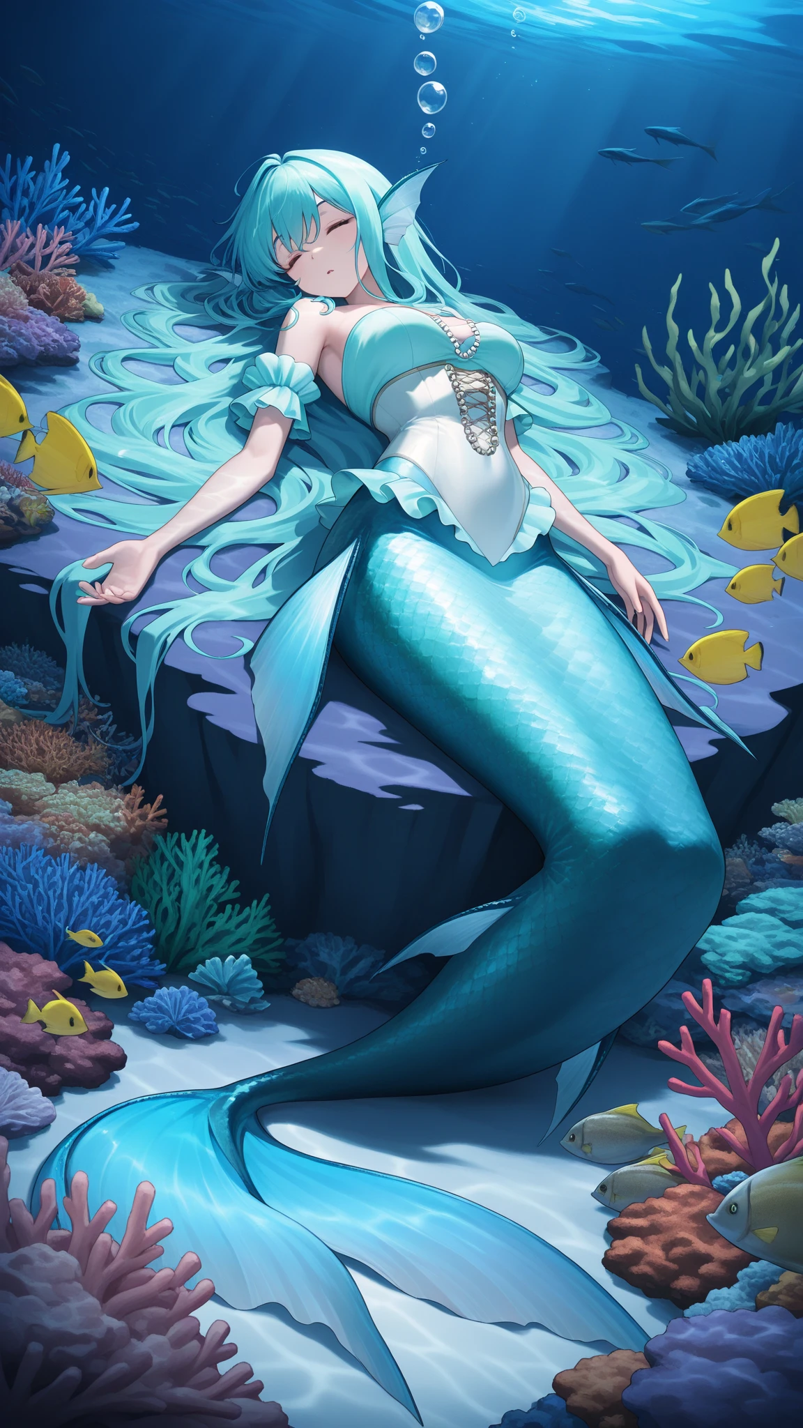 8K，Exquisite，masterpaintings，High detail，Semi-realistic，1个Giant Breast Girl，（mermaids：2）（fish scales：1.8），（Cinematic CGI，Professional Quality，8K分辨率，high-definition，wide wide shot，Lighting style：Cellar lighting，len Brown，super detailed and realistic）The scene depicts an aesthetic underwater environment，Mainly Cthulhu-style beauties lying on the reef。Her dark green hair turned into the tentacles of jellyfish，A ray of sunlight shines on her face with a combination of the Tyndall effect and diffuse reflection。Girl with WeChat on her face，Liu Yifei，The camera focuses on the girl's facial features。a backdrop of：Scattered around are perfectly shaped mermaids，Huge sea serpents and deep-sea fishmen loom in the distance。Chaotic seaweed，Blood rose from the bottom of the sea。