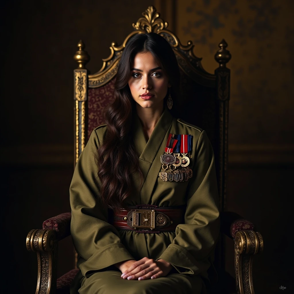 uniform by imagining a deep crimson double-breasted jacket with gold trim, a matching cloak with intricate gold embroidery, red leather gloves with gold accents, a red cap with a gold emblem, and a tailored red vest