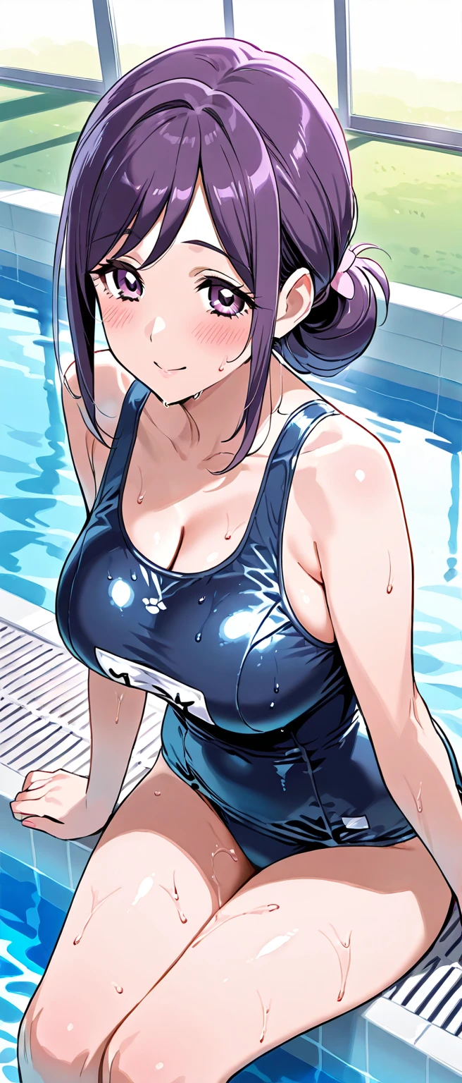 (Perfect body),Best Quality,(8K Portrait),(Official art)、(NSFW)、embarrassed from、((:D))、(((((Surprised)))))、(((blush))),(Sweat),Huge breasts、(((Big ass)))、(Brown hair),((short-hair))、((Forehead))、((Parted bangs)), (eyes are brown)、(Brown eyes),(((thick thighs)))、((Navy Blue High Leg Swimsuit))、Black jacket、((Locker Room))、Hands behind your body、spreading legs、(front-facing view)