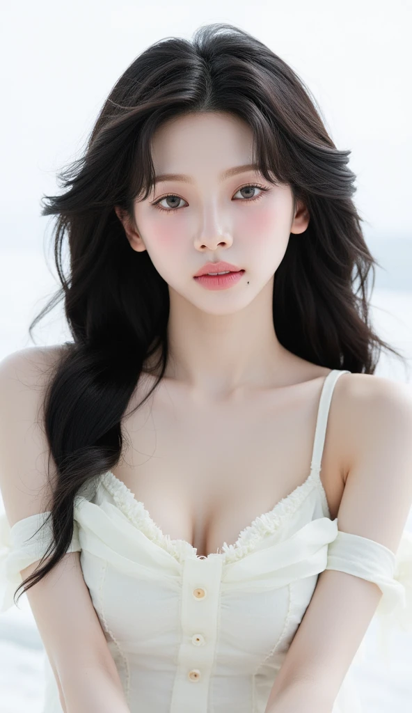 Highest quality、Ultra-high resolution、(Realistic)、18-year-old girl、((((Blouse open))))、((((I can see your nipples)))),Hyper Detail、Super Realistic、(Realistic)、More about beautiful skin、(masterpiece:1.0)、(Highest quality)、(Ultra-high resolution)、8k resolution、Canon EOS R5、135mm、Absurd、Very detailed、Sharp focus、Fine skin、(((Chirarizum、Small breasts when viewed from below)))