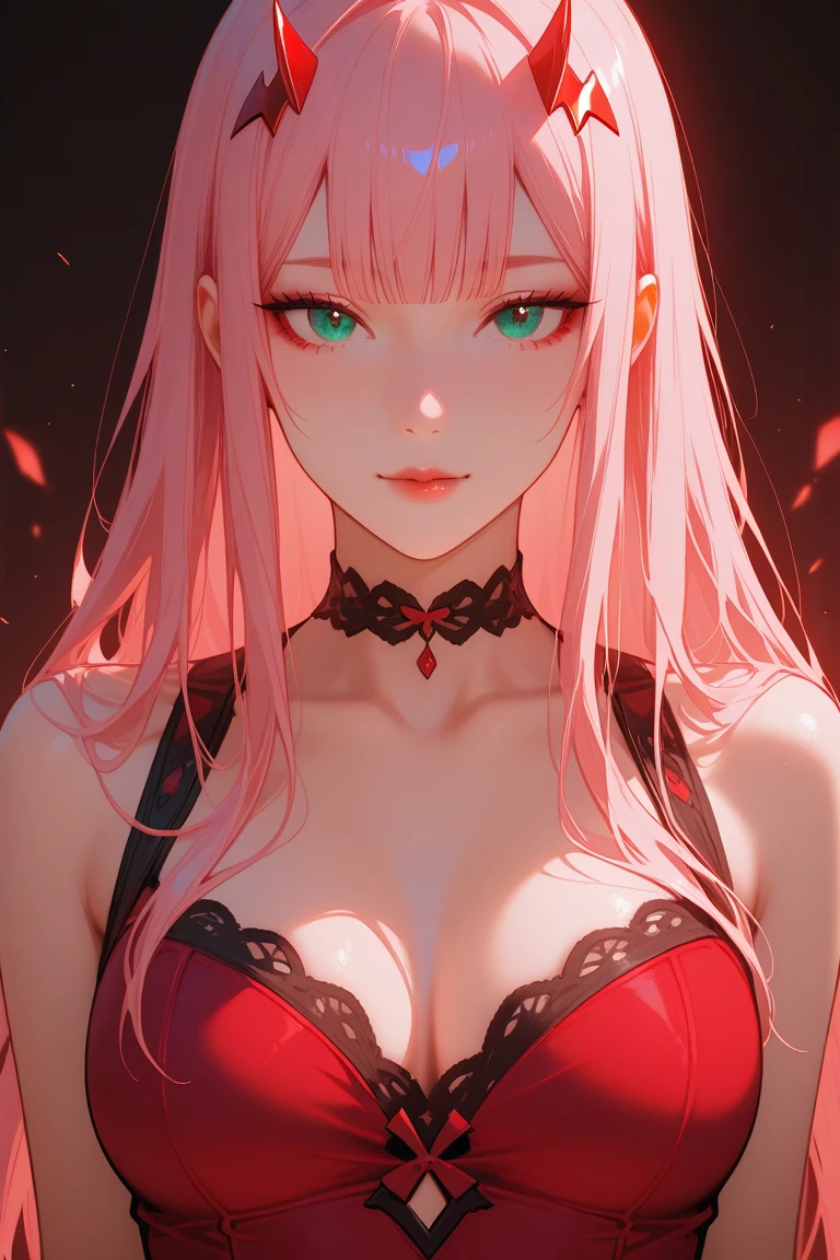 Cool women、sexy、Center of chest、Rize from Chainsaw Man、beauty、Yandere、、Face close-up、Chest tattoo、Red lace、necklace、(look up)、(Pink Hair)、((solo)).(Background abstract)