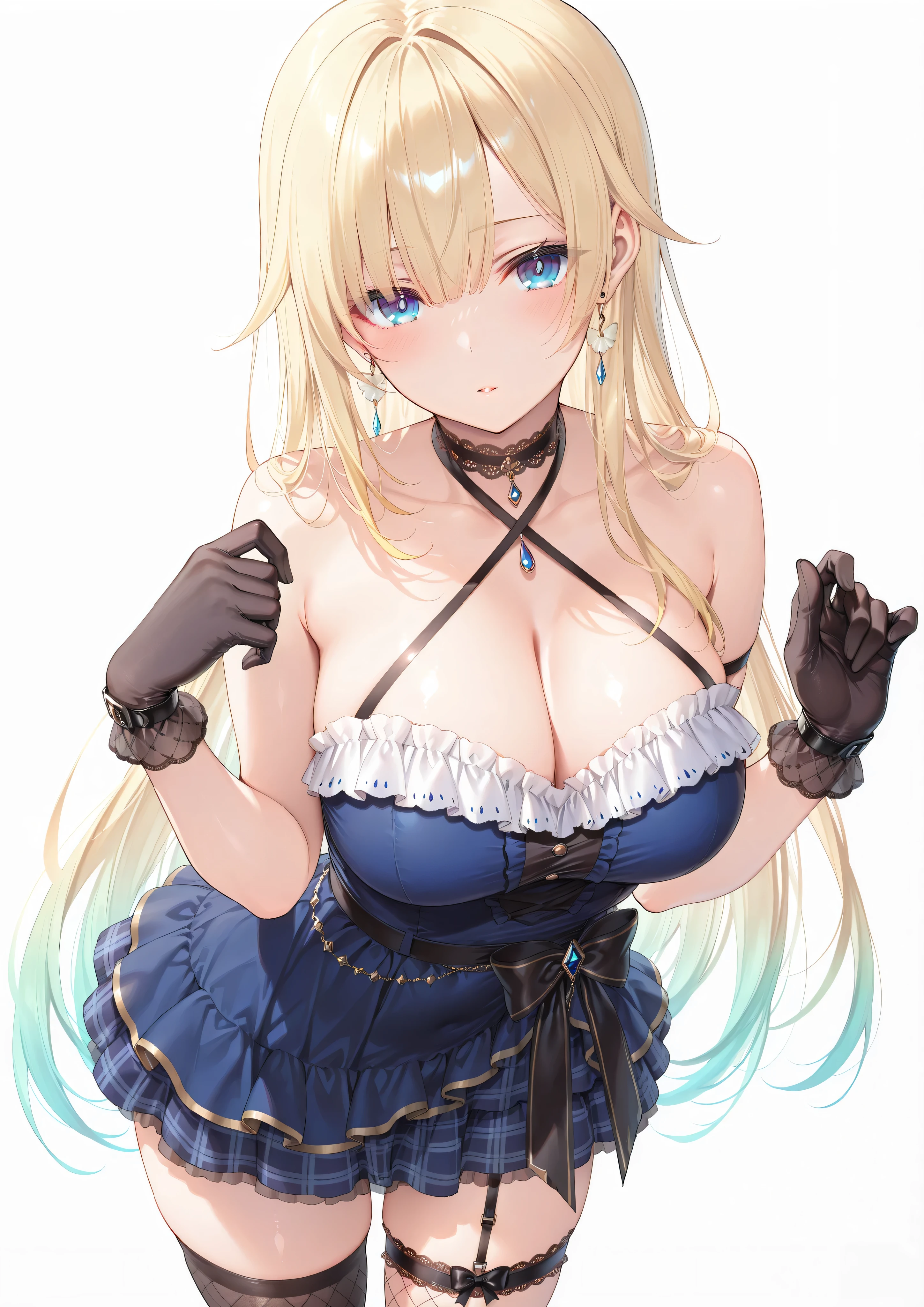 (masterpiece, best quality:1.2), 1girl, solo, blond hair, blue hairband, blue hair ribbon on the left, white bra, black gloves, knight skirt, Solid color background