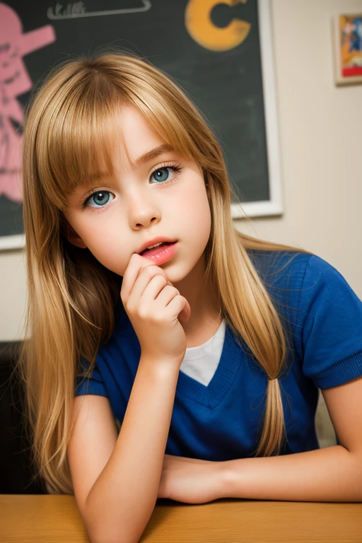 Year: 2012. Location: North River Heights, Manhattan. pre-raphaelite 10-year-old blonde girl, in class, only face view, zoom in, open mouth, teeth, tongue, shy, saliva in mouth, saliva from mouth, 