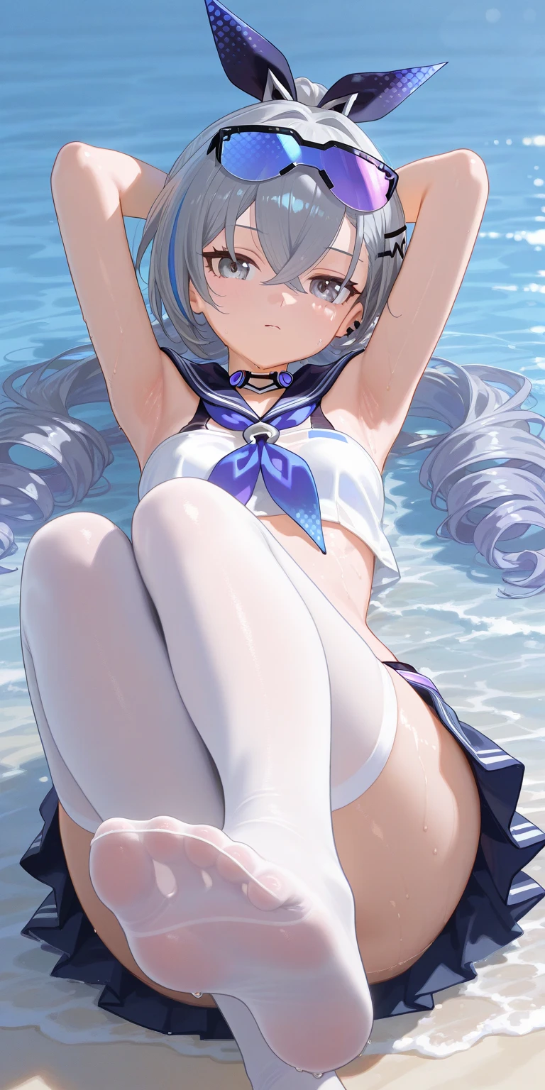 beautiful, masterpiece, Highest quality, anime, One girl,Portrait Shot, View your viewers, Covered、Long Hair、nearby、Blue Eyes、art、White hair,black streaked hair、Thighs、Braid、Wet Shirt、 Light Blue Bikini、Pool、Bright、smile、Lying on your back、See-through bikini