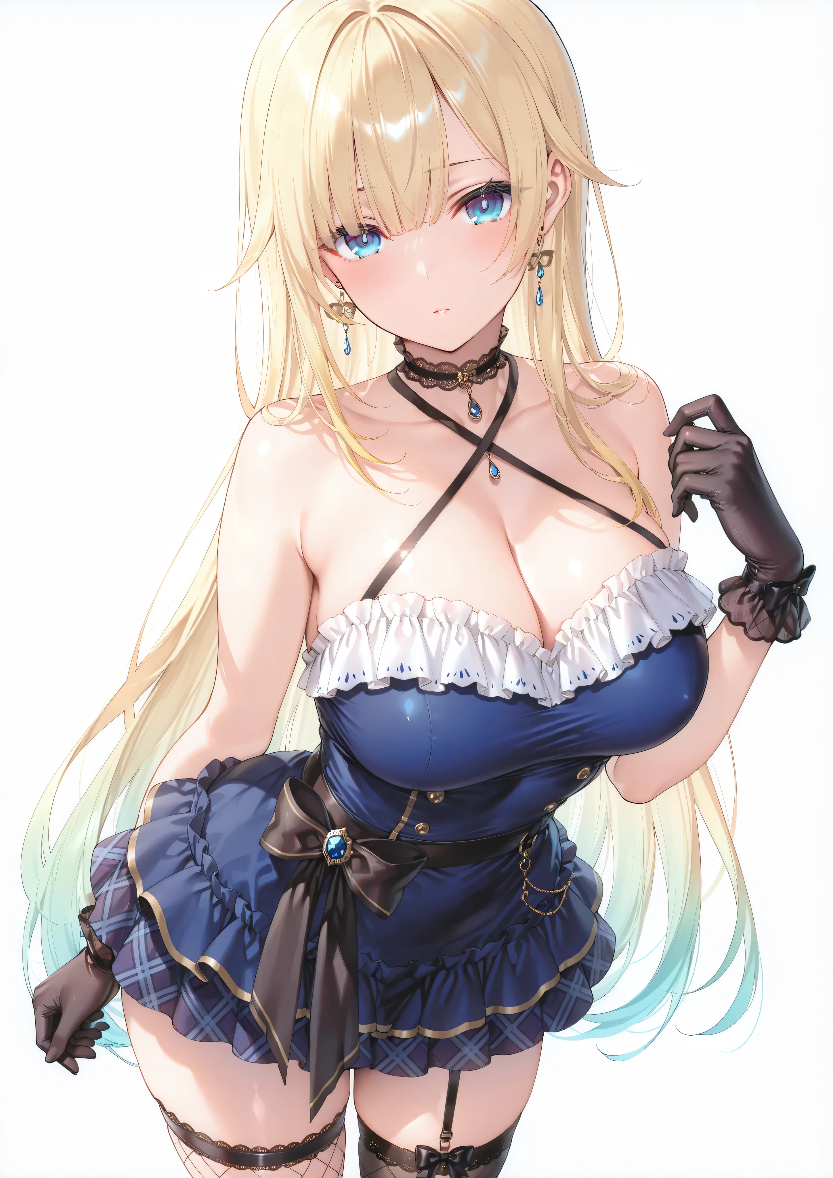 anime girl with blue eyes and a black dress posing for the camera, seductive anime girl, in dress, , beautiful anime girl, large breasts, triple D cup breasts, beautiful anime woman, beautiful alluring anime woman, blonde anime girl with long hair, anime girl wearing a black dress, exposing her breasts , detailed digital anime art, top rated on pixiv, fishnet leggings, garder belt , lifting skirt