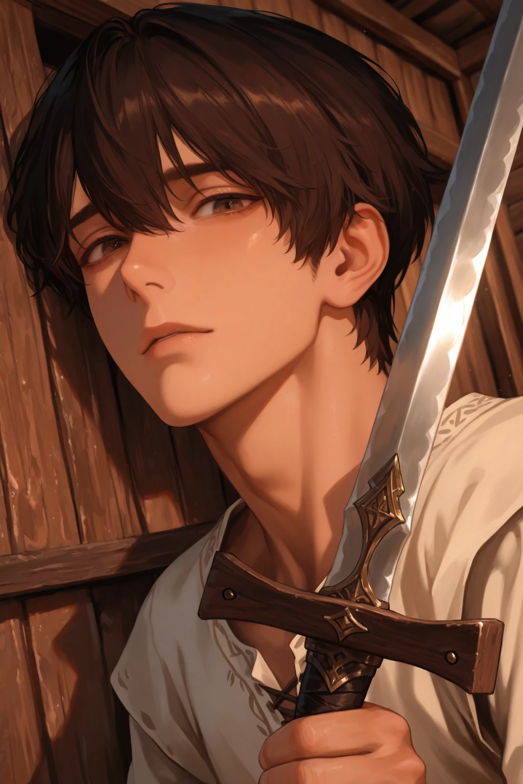 ultra HD, Teenage man, with brown hair , deep orange brown eyes, Full lips, attractive, souriant, Muscle, with a sword in knight&#39;s attire