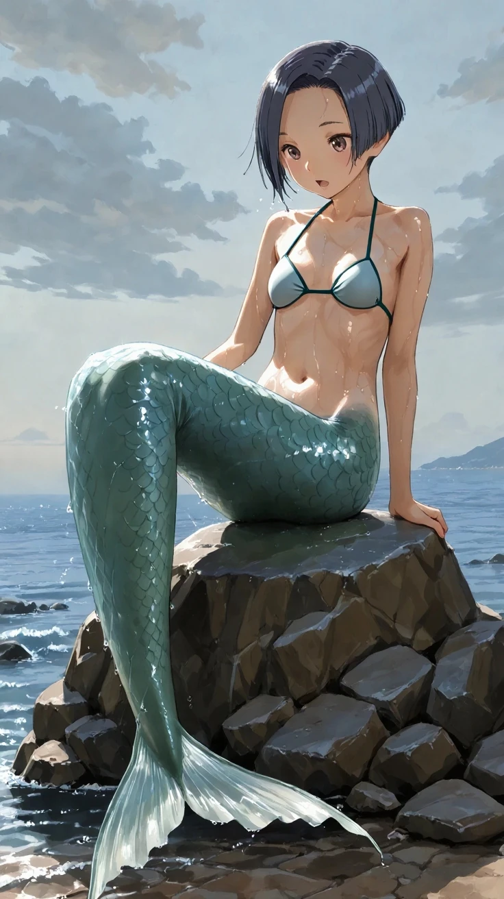 masterpiece, best quality:1.2), 1girl, smile, looking at viewer, green eyes, short brown hair, green hair, blue eyes, heterochromia. mermaid, mermaid girl, wearing green seashell bra, sitting on beach, green mermaid tail, outdoors, big breasts, conjoined, (two heads: 1,5)