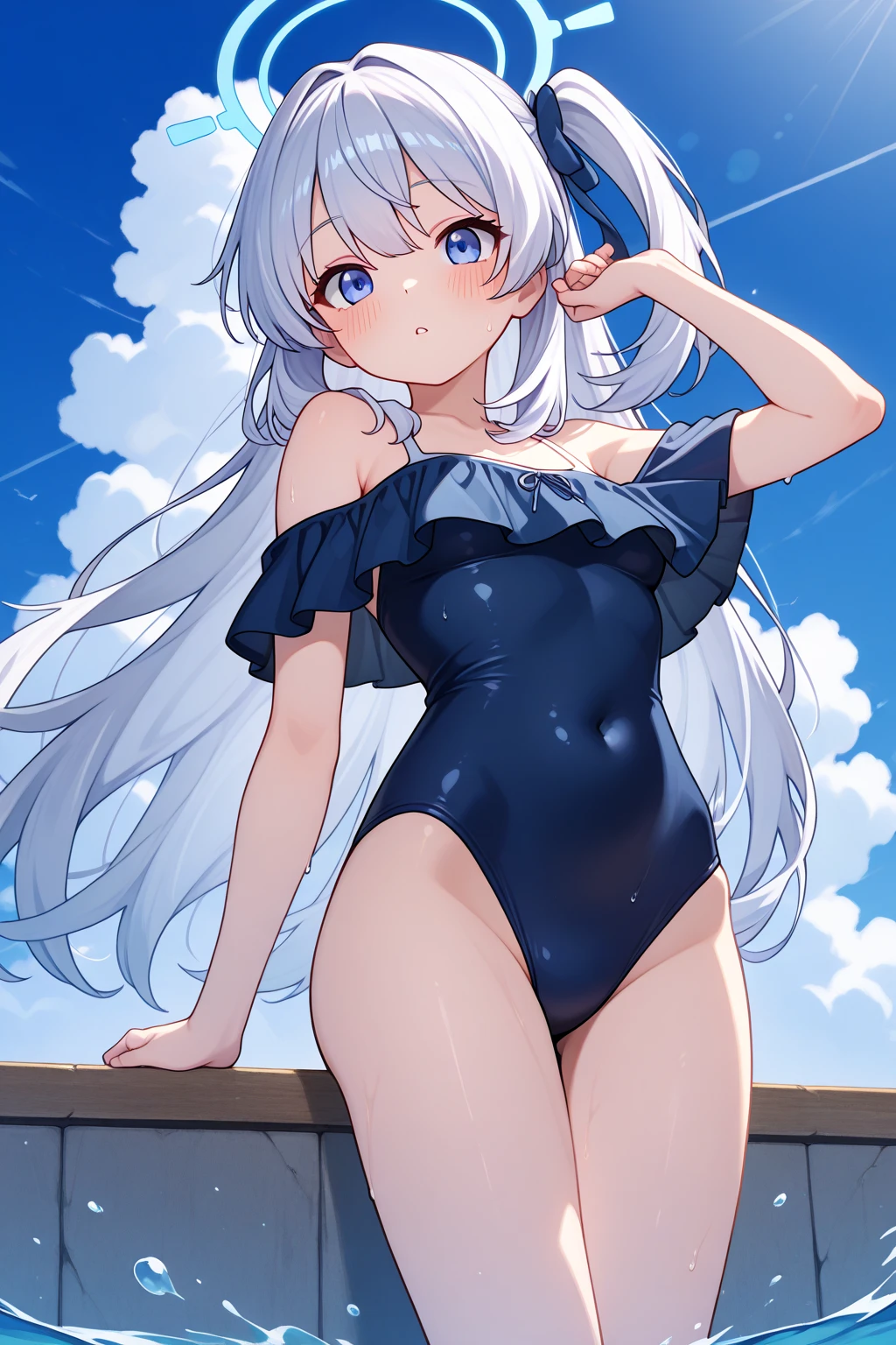 16k, highres, masterpiece, best quality,
a pinup of Tsukiyuki Miyako, <lora:Tsukiyuki Miyako:0.8> glossy luster swimsuit, dynamic pose, leaning back, straight-on, (expressionless:1.3), nose blush, smile, with lover, (looking at viewer:1.2), landscape, in beach, in summer, beautiful sunset, detailed background, cowboy shot, dynamic angle, <lora:hadanuri1:1> <lora:unhorny_v01:-0.6>