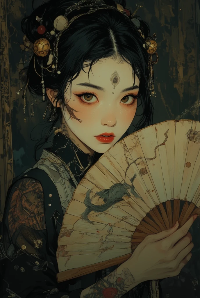 There is a woman with a tattoo on her arm holding a folding fan., artwork in the style of Gwaiz, Gwaiz, Beautiful character drawings, Alphonse Mucha and Rosdrose, Fantasy art style, Artjam and Athi Gairan, Gwaiz masterpiece, Trending on cgstation, Reusch and Urop, ArtJam and Luan Jia
