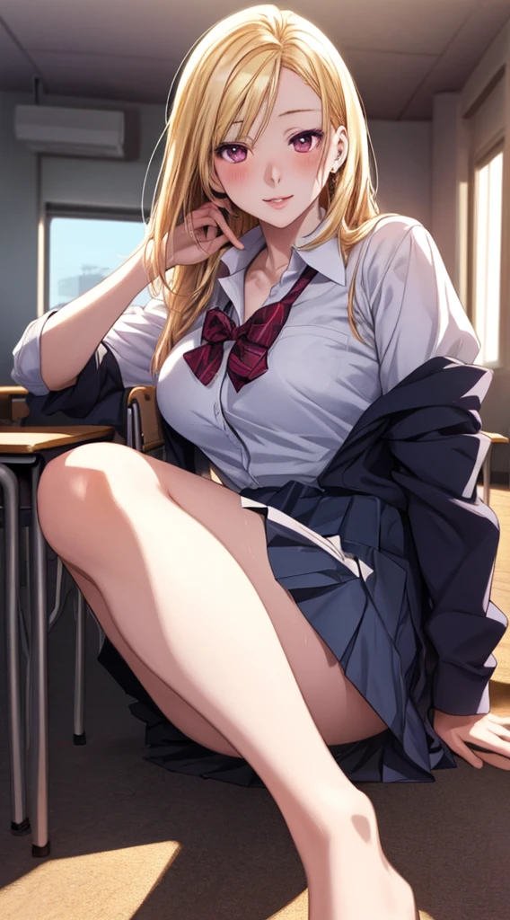 ((Mastepiece, Top quality)), open legs ,Sleepy expression, tall, Uniform, (open_shirt) showing boobs, Blue tie, skirt, Blue, high socks, Loafer shoes, Uniform, long white shirt, blue tie, skirt, skirt is knee length, blue high socks, loafer shoes, 1girl, mature, adult, medium breasts , soft skin, nice big dark green eyes (high detail eyes), office, sitting, computer keyboard, expressing dissatisfaction, lens flare, fine features, perfect ???????, centered, perfect distance, highly detailed, Highly Detailed, Rich Colors, Lush, Clean, Rich Colors, Elaborate Detail, Golden Ratio Illustration, open legs, ???????, from below, open legs, red panties
