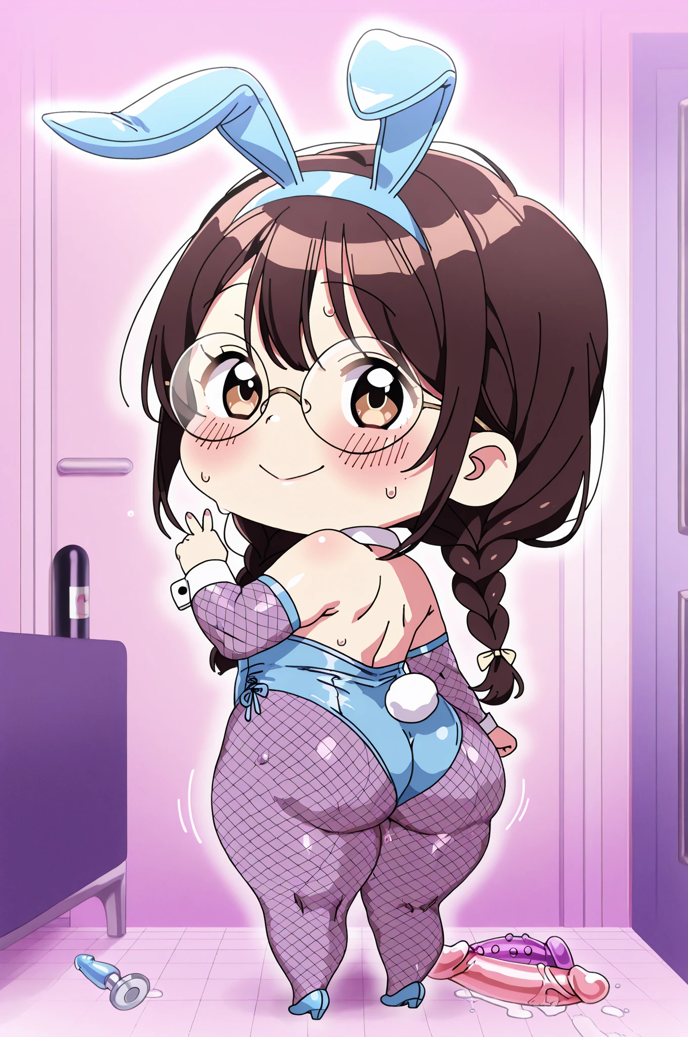 highest quality, High resolution,Anime Screen Capture, sf、Three Women、Realistic, masterpiece, highest quality, Perfect Anatomy, (Fine Eyes), (Loli、low length、Female mechanic, Small breasts、Chubby), Sweat, city, ((NsfW、Pink SF Suit、Mechanical White Backpack、White gloves、Pink striped knee socks)),Cyborg Girl、Tight clothing、 Green Eyes、Spread your legs、short hair、Brown Hair ,Braided Pigtails、  ((blush))、(Wide Hips),:d、((((Embarrassing))))、((Red Rim Glasses))、